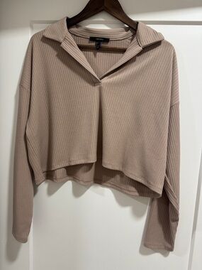 Ribbed Polo Crop Top in Taupe